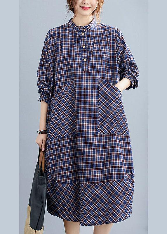 Classy Blue Plaid Button Patchwork Pockets Fall Top Long sleeve Dresses - Omychic