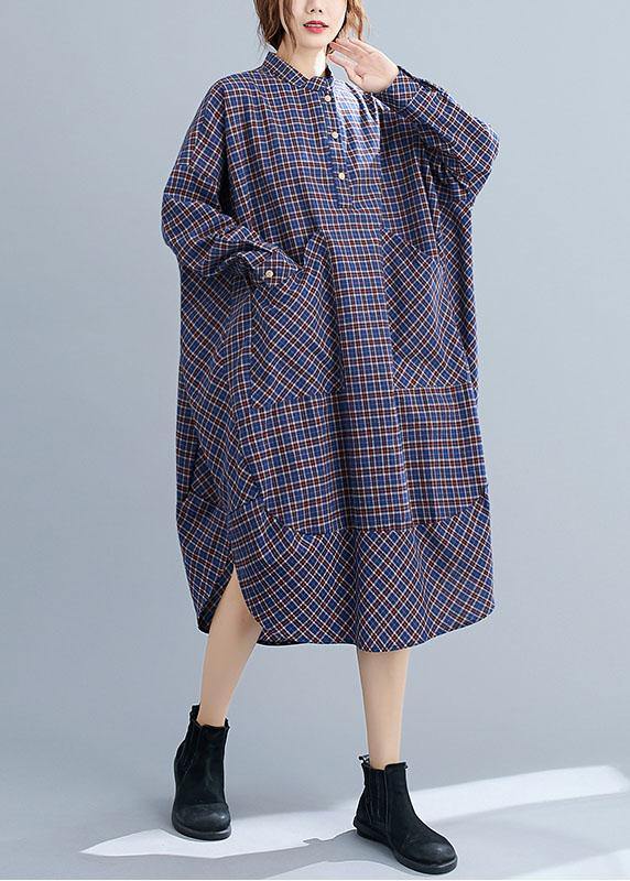 Classy Blue Plaid Button Patchwork Pockets Fall Top Long sleeve Dresses - Omychic