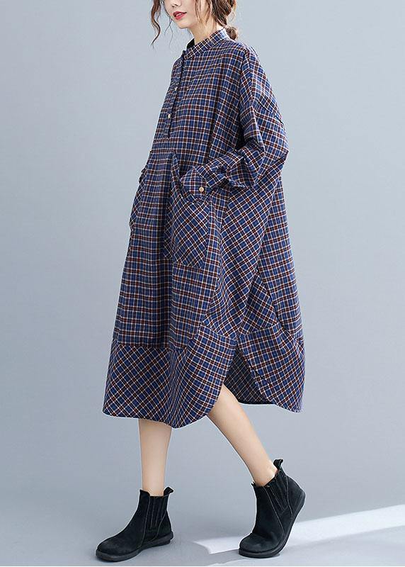 Classy Blue Plaid Button Patchwork Pockets Fall Top Long sleeve Dresses - Omychic