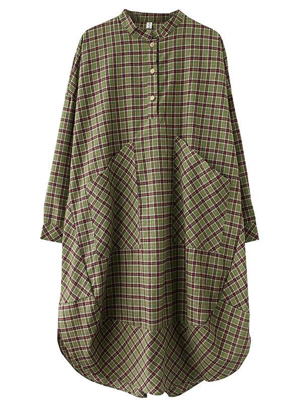Classy Blue Plaid Button Patchwork Pockets Fall Top Long sleeve Dresses - Omychic