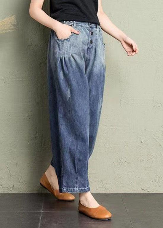 Classy Blue Pockets Loose Harem Fall Denim Pants - Omychic