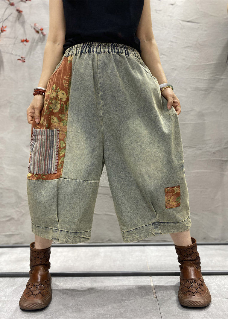 Printed Cotton Denim Wide Leg Pants
