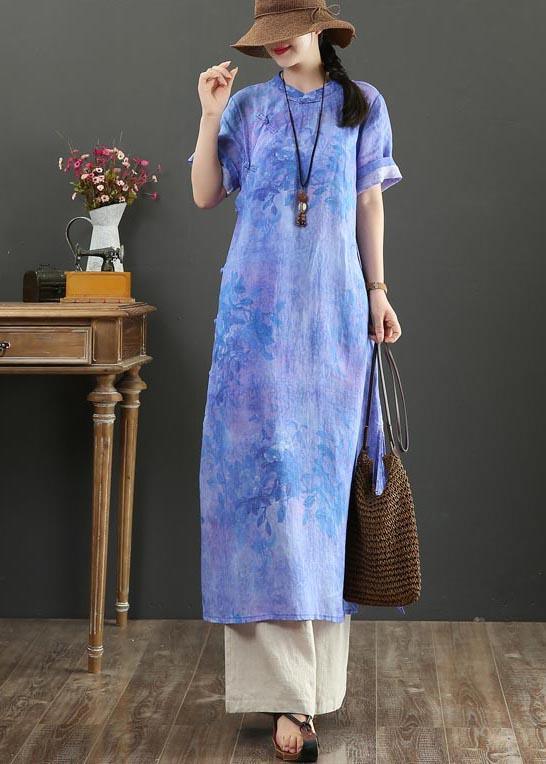 Classy Blue Purple Print Button Ankle Summer Linen Dress - Omychic