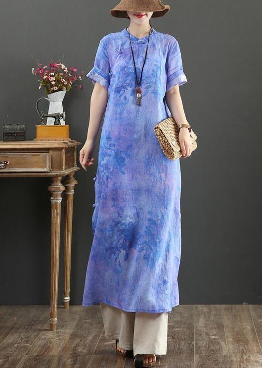 Classy Blue Purple Print Button Ankle Summer Linen Dress - Omychic