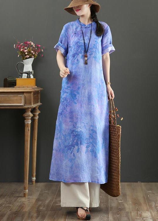 Classy Blue Purple Print Button Ankle Summer Linen Dress - Omychic