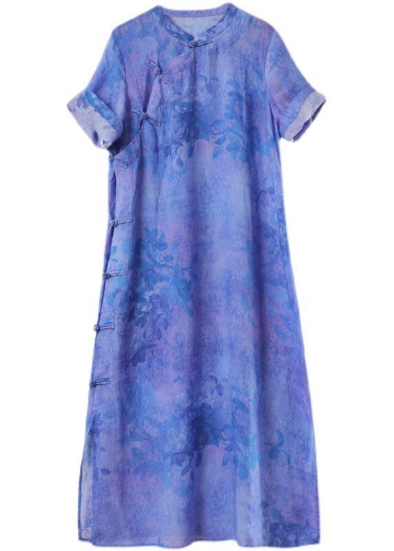 Classy Blue Purple Print Button Ankle Summer Linen Dress - Omychic