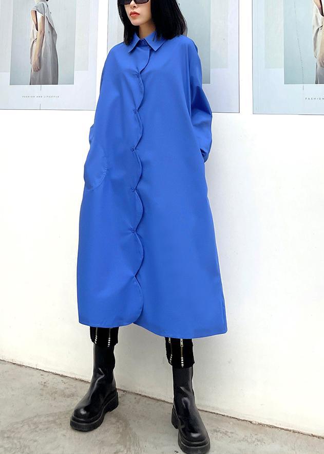 Classy Blue Quilting Dresses Lapel Pockets Maxi Spring Dress - Omychic