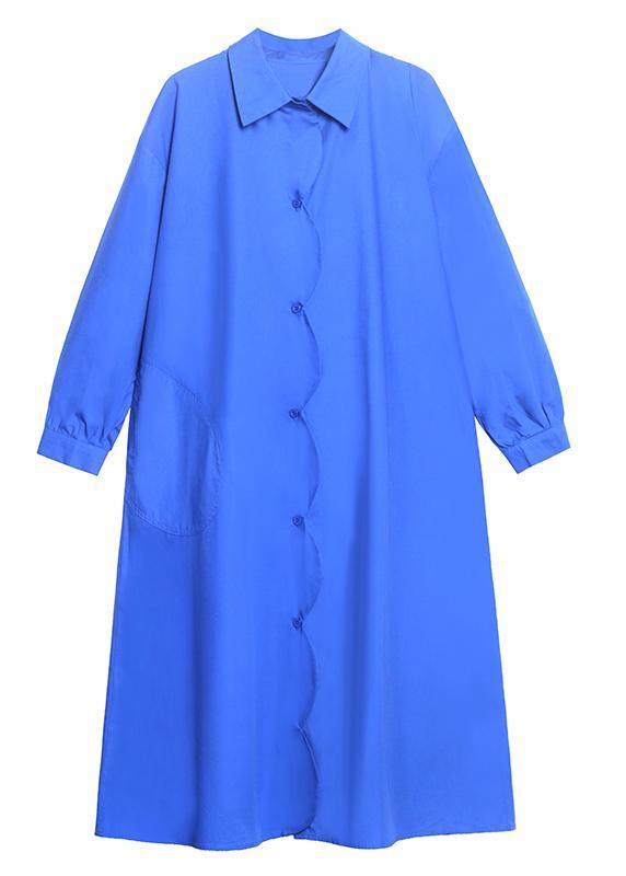 Classy Blue Quilting Dresses Lapel Pockets Maxi Spring Dress - Omychic
