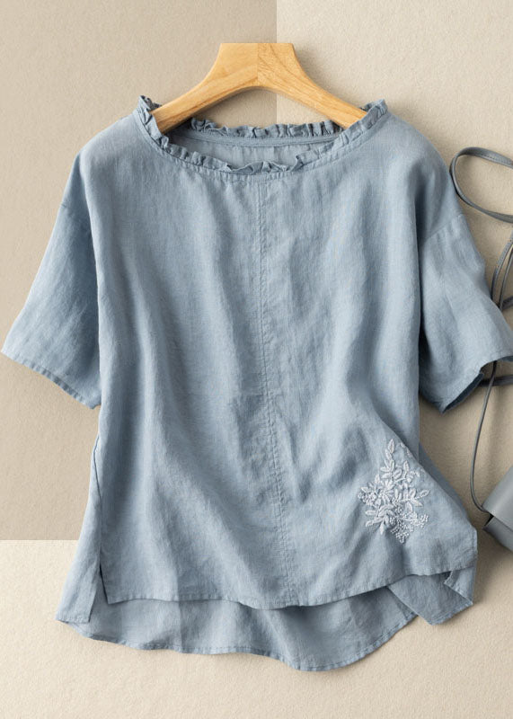 Classy Blue Ruffled Embroideried Patchwork Cotton T Shirts Tops Summer