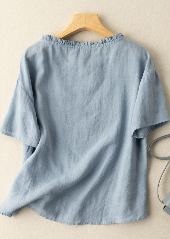 Classy Blue Ruffled Embroideried Patchwork Cotton T Shirts Tops Summer