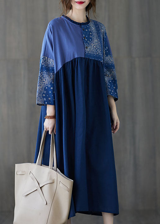Classy Blue Ruffled Print Cotton Long Dress Spring