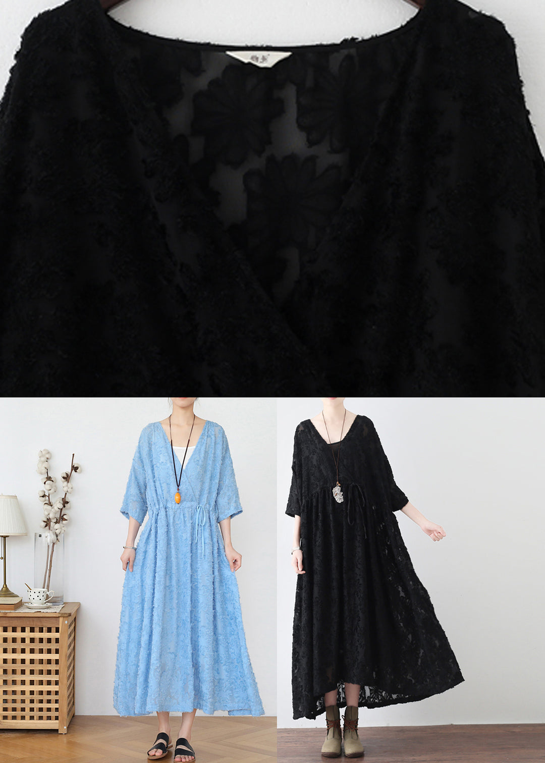 Classy Blue V Neck Cinched Hollow Out Chiffon Maxi Dress Long Sleeve