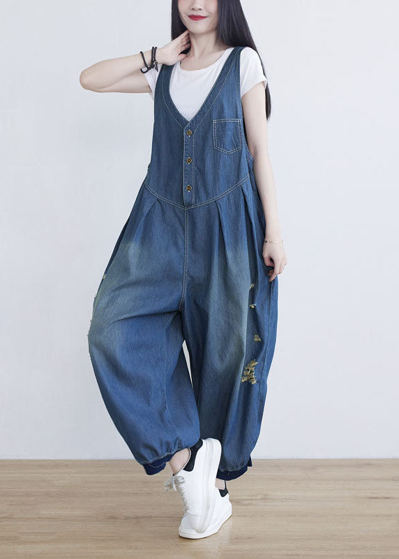 Classy Blue V Neck Oversized Ripped Cotton Denim Jumpsuit Spring