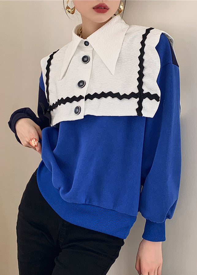 Classy Blue White Colorblock Peter Pan Collar Bow Patchwork Knit Sweatshirt Long Sleeve