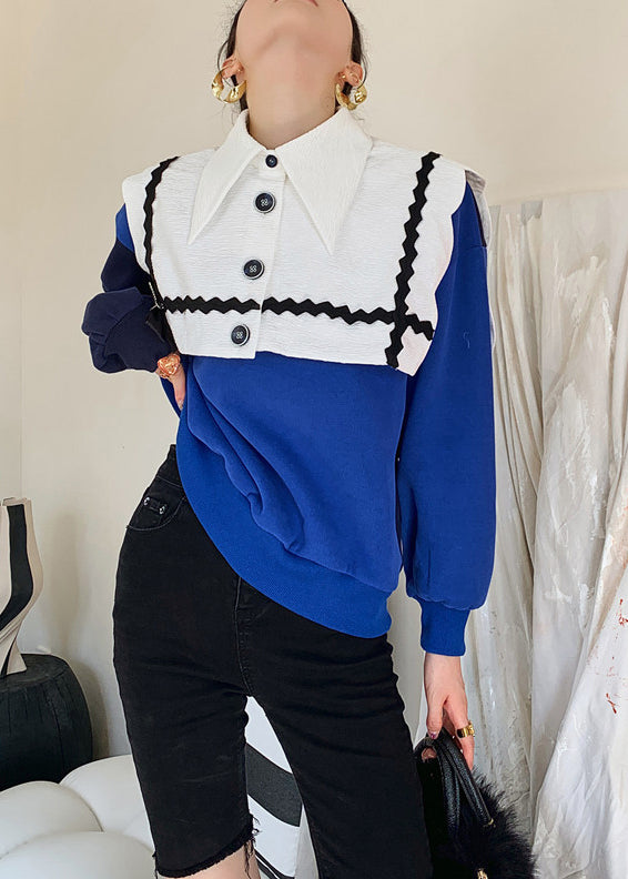 Classy Blue White Colorblock Peter Pan Collar Bow Patchwork Knit Sweatshirt Long Sleeve