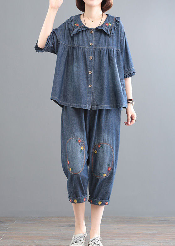 Classy Blue Wrinkled Embroideried Tops And Pants Denim Two Pieces Set Summer