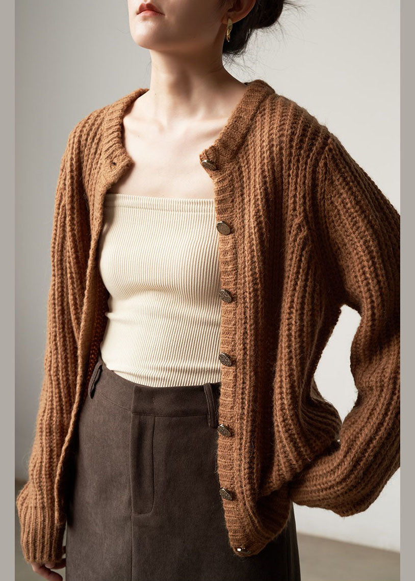 Classy Brown Button Woolen Knit Loose Coat Winter