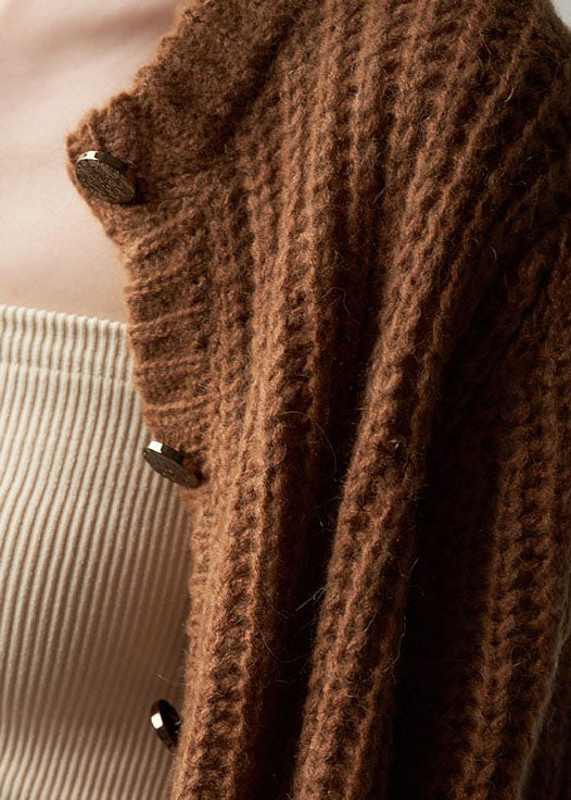 Classy Brown Button Woolen Knit Loose Coat Winter