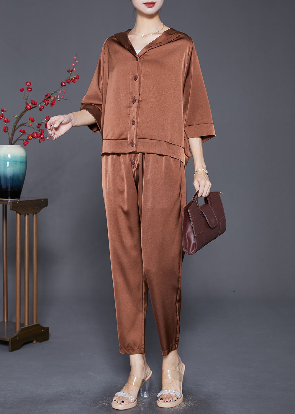 Classy Brown Hooded Button Down Silk Two Pieces Set Fall