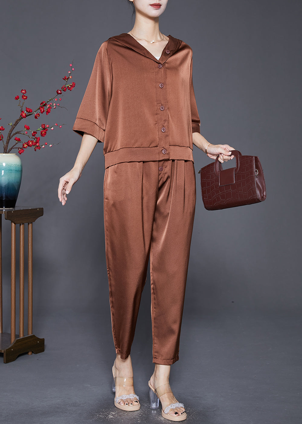 Classy Brown Hooded Button Down Silk Two Pieces Set Fall
