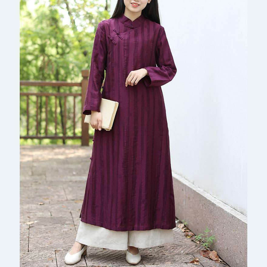 Classy Chinese Button cotton clothes Shirts purple striped Dresses fall - Omychic