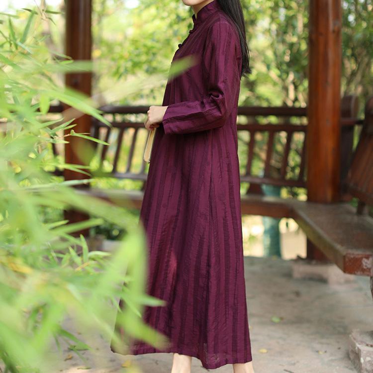 Classy Chinese Button cotton clothes Shirts purple striped Dresses fall - Omychic
