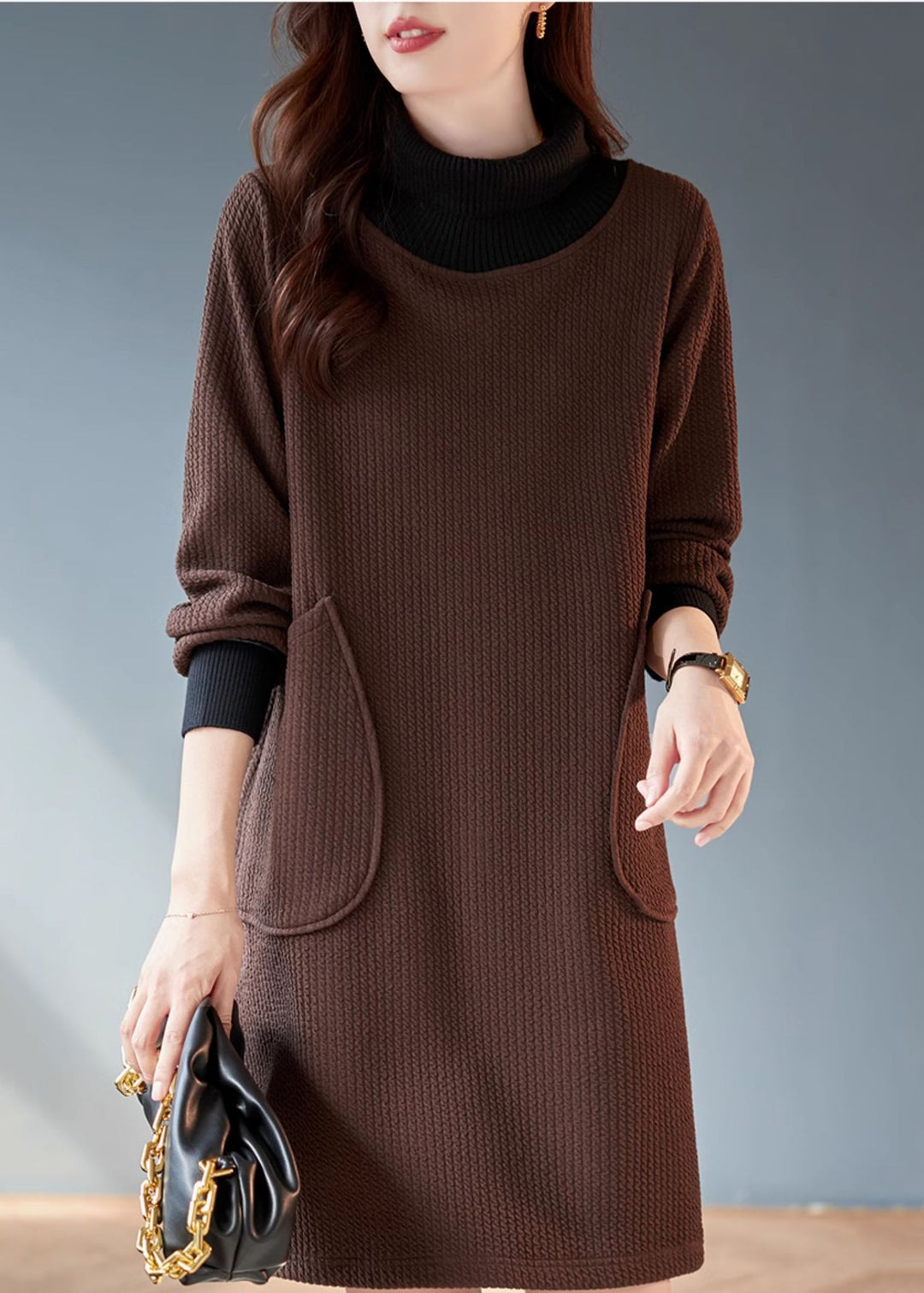 Classy Chocolate High Neck Patchwork Thick Knit Dress Spring