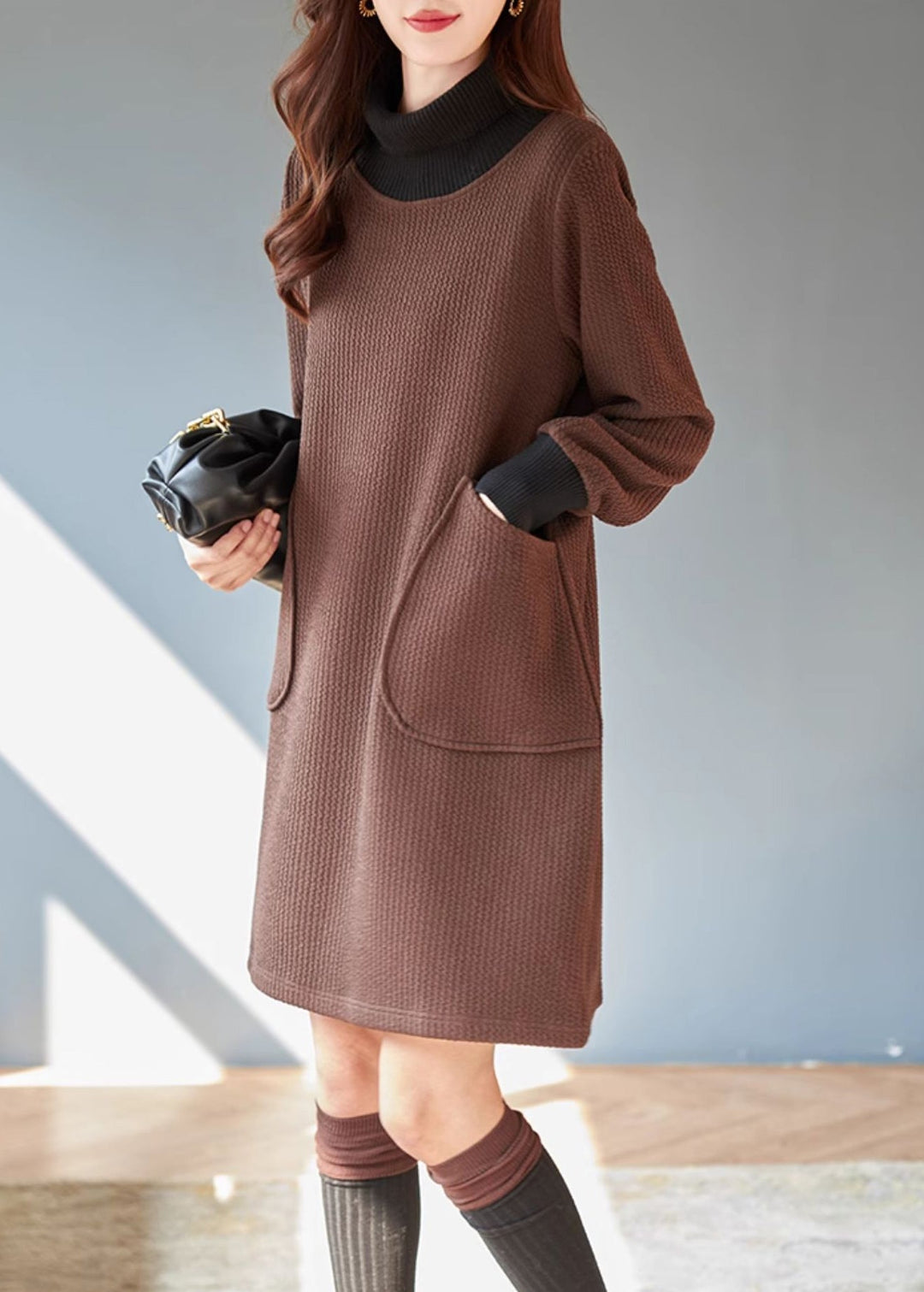 Classy Chocolate High Neck Patchwork Thick Knit Dress Spring