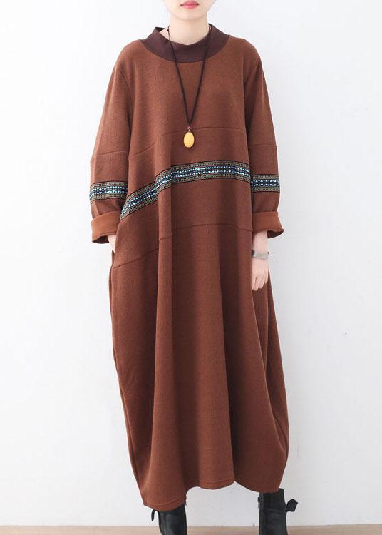 Classy Chocolate O-Neck Long Sleeve Loose Fall Cotton Dress - Omychic