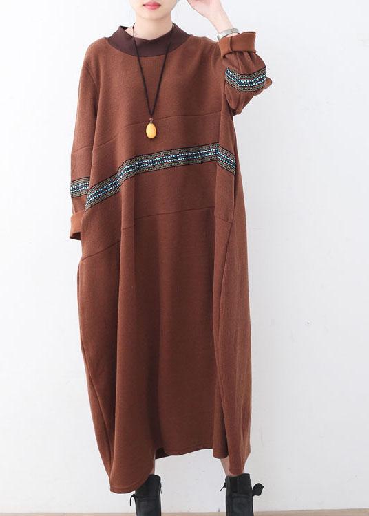 Classy Chocolate O-Neck Long Sleeve Loose Fall Cotton Dress - Omychic