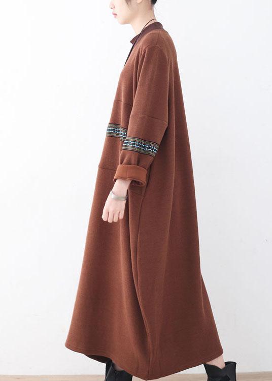 Classy Chocolate O-Neck Long Sleeve Loose Fall Cotton Dress - Omychic