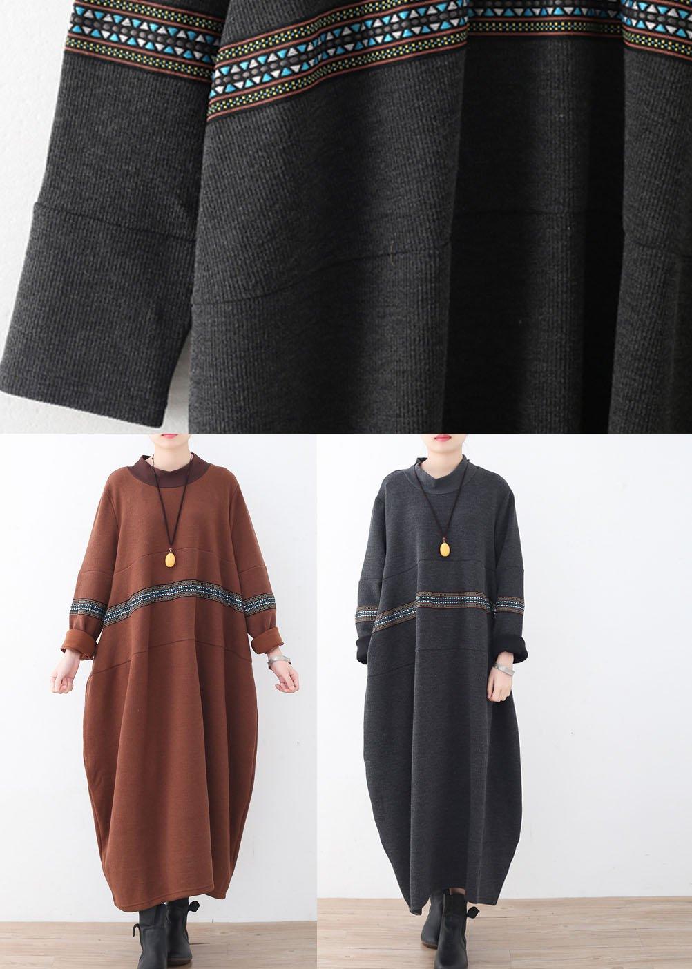 Classy Chocolate O-Neck Long Sleeve Loose Fall Cotton Dress - Omychic