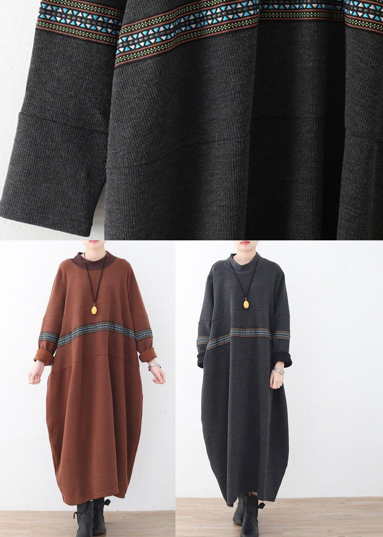 Classy Chocolate O-Neck Long Sleeve Loose Fall Cotton Dress - Omychic