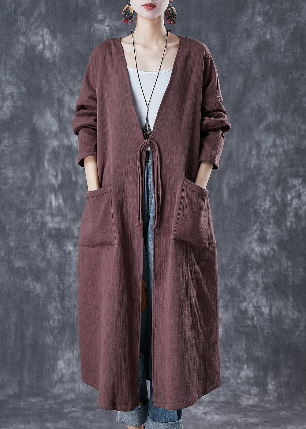 Classy Chocolate Oversized Chinese Button Linen Long Cardigan Spring