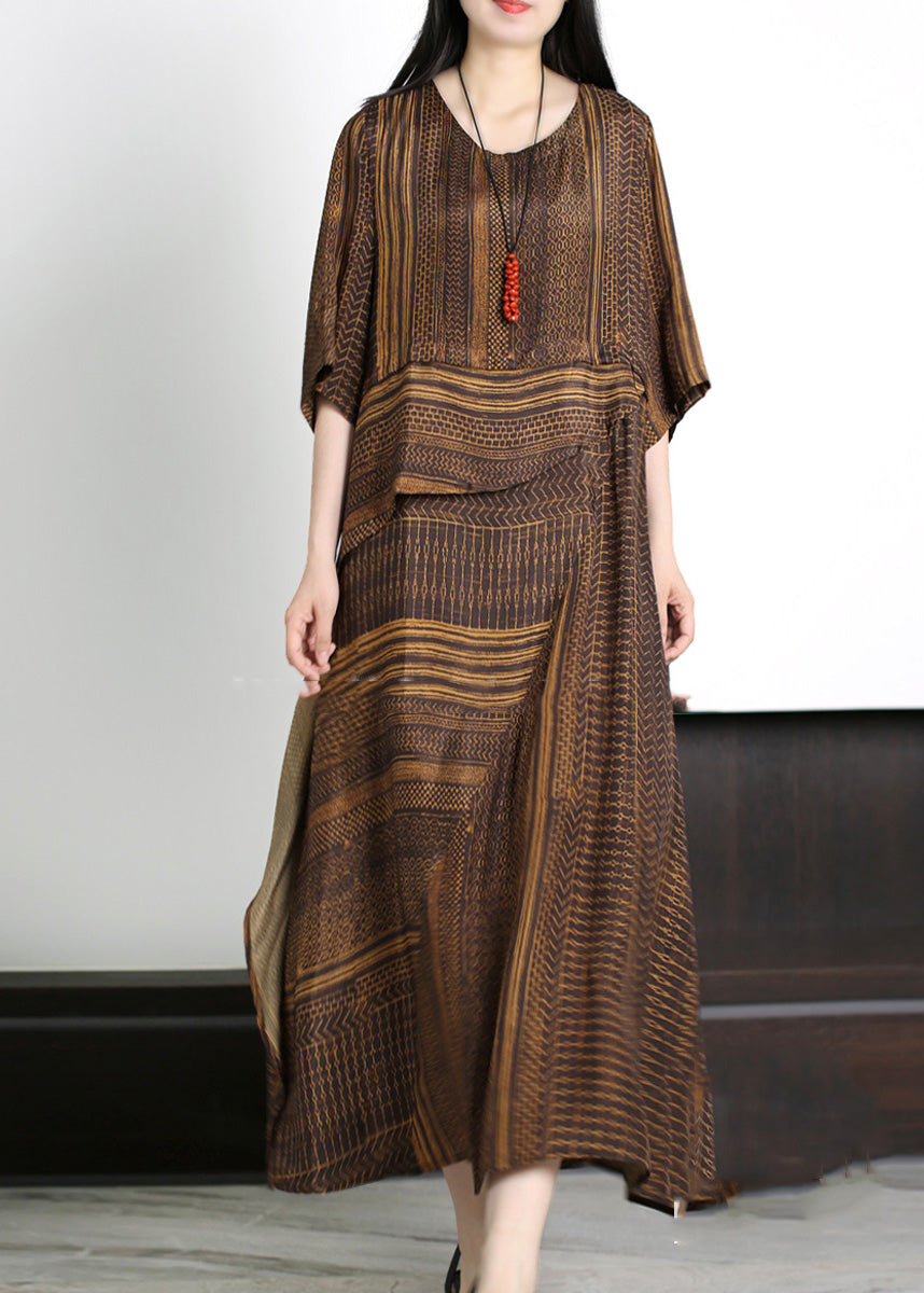 Classy Coffee Asymmetrical Striped Patchwork Silk Maxi Dresses Half Sleeve