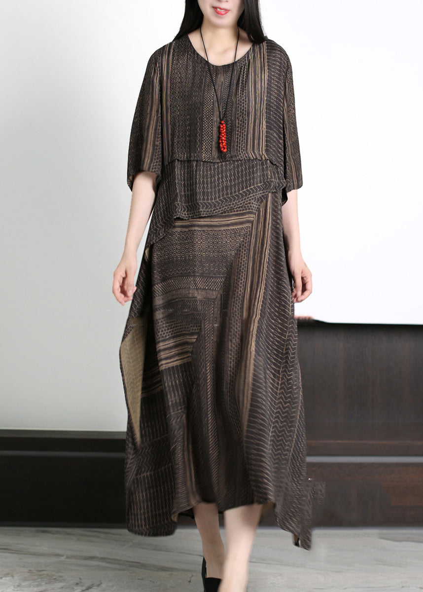 Classy Coffee Asymmetrical Striped Patchwork Silk Maxi Dresses Half Sleeve