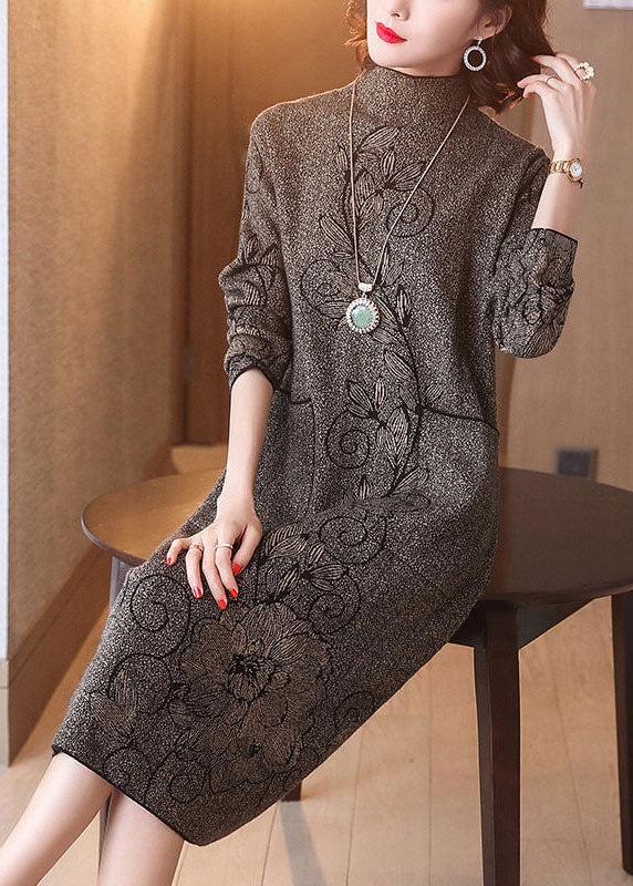 Classy Coffee High Neck Print Pockets Knitted Sweater Dress Winter