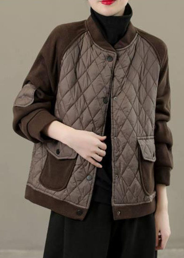 Classy Coffee Stand Collar Pockets Patchwork Fine Cotton Filled Jackets Winter