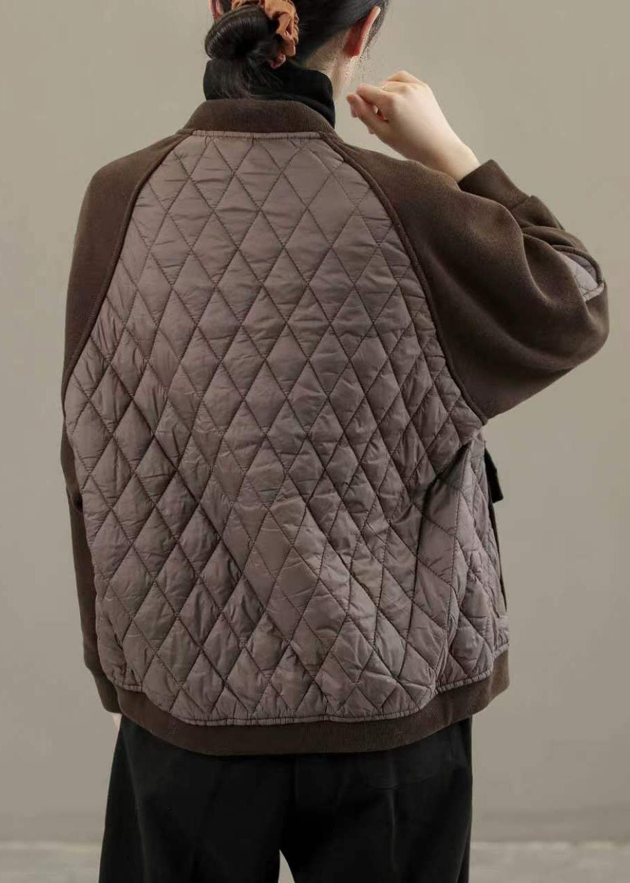 Classy Coffee Stand Collar Pockets Patchwork Fine Cotton Filled Jackets Winter