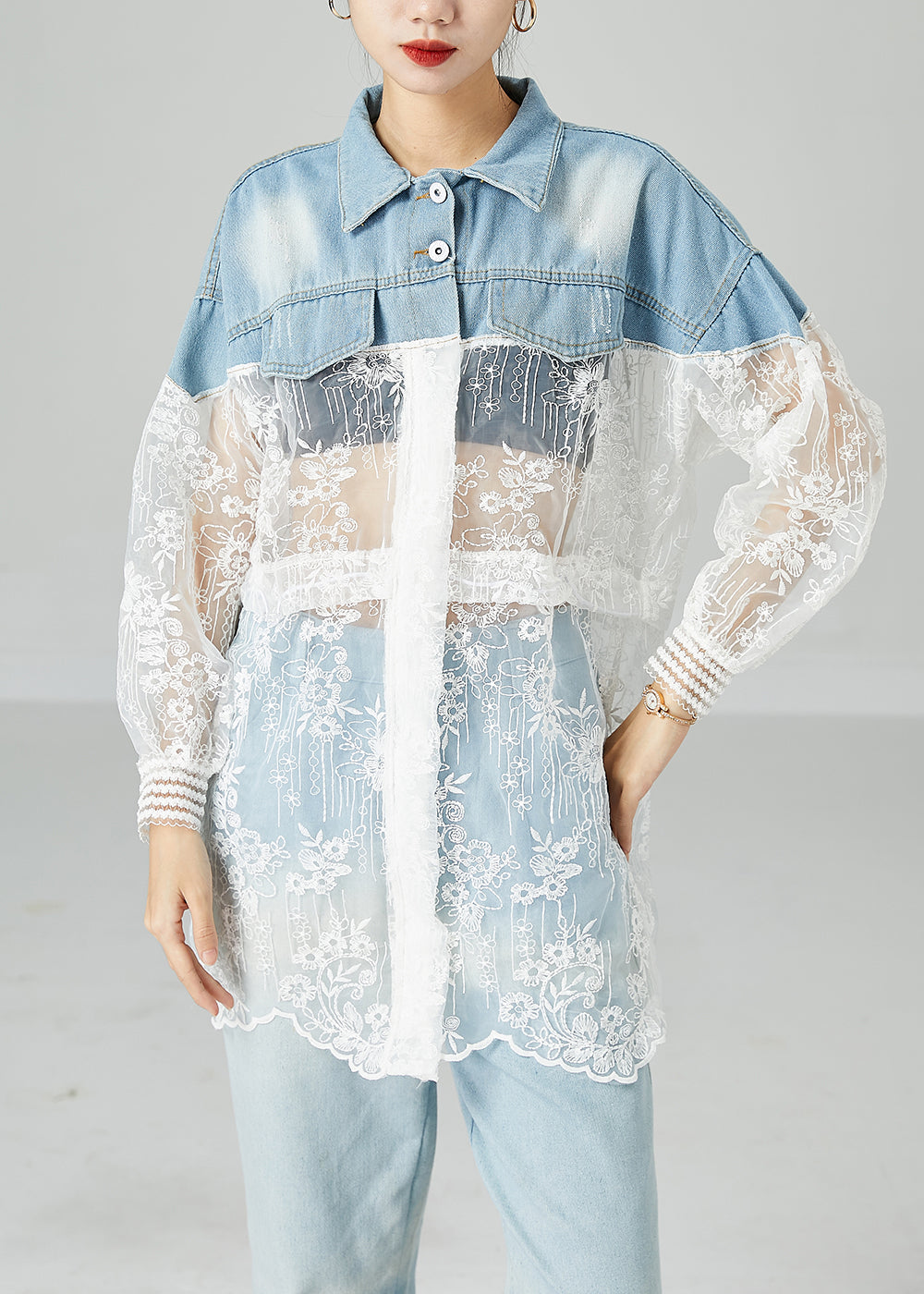 Classy Colorblock Embroideried Patchwork Hollow Out Denim Coat Outwear Summer