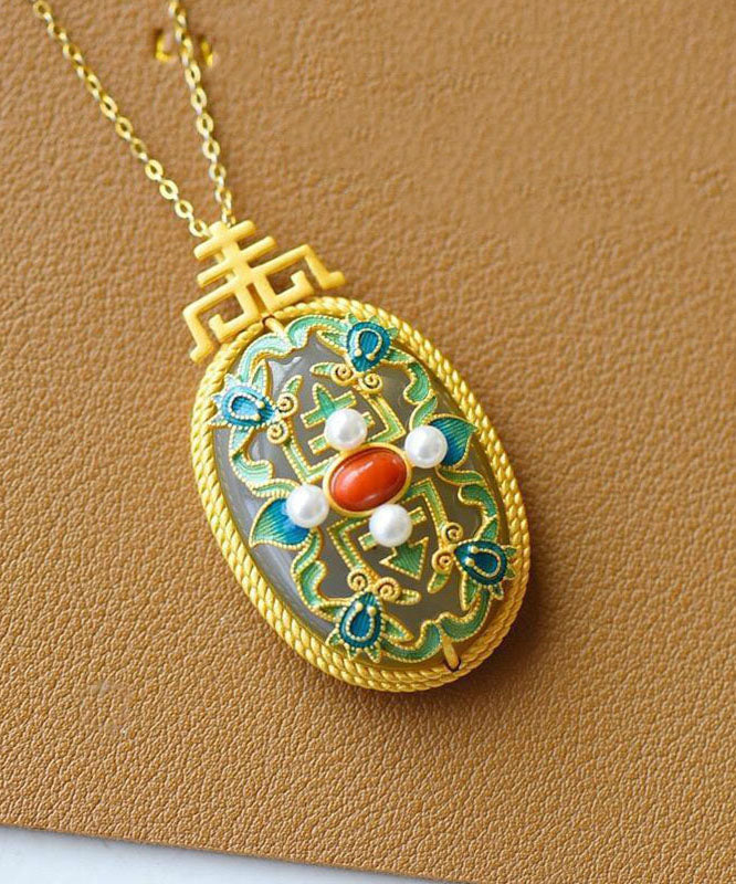 Classy Colorblock Overgild Inlaid Jade Agate Pearl Pendant Necklace