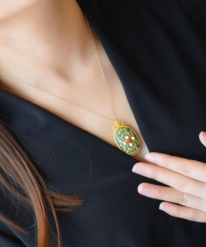 Classy Colorblock Overgild Inlaid Jade Agate Pearl Pendant Necklace