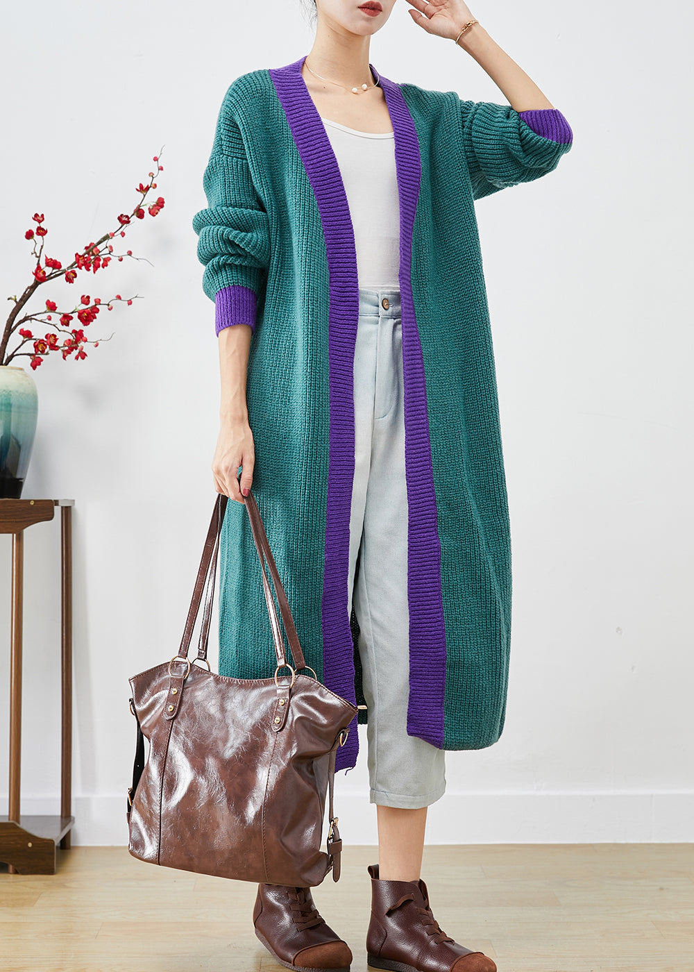 Classy Colorblock Oversized Patchwork Knit Long Cardigan Fall - Omychic