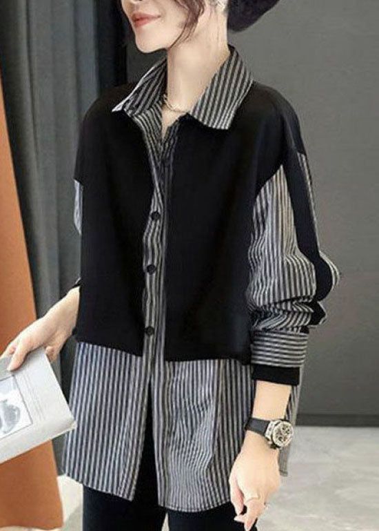 Classy Colorblock Peter Pan Collar Patchwork Striped Shirt Fake two pieces Spring