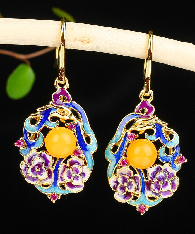 Classy Colorblock Sterling Silver Inlaid Beeswax Floral Drop Earrings