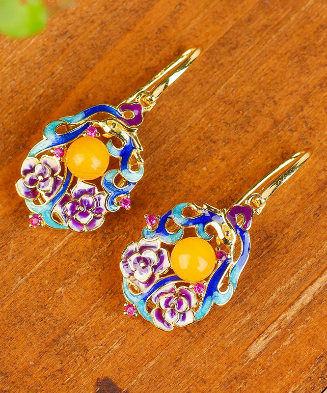 Classy Colorblock Sterling Silver Inlaid Beeswax Floral Drop Earrings