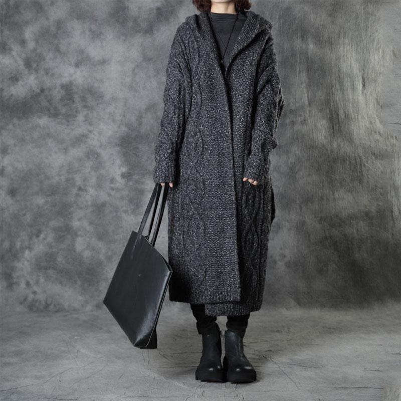 Classy Dark Gray Loose Hooded Fall Knitwear Coat - Omychic
