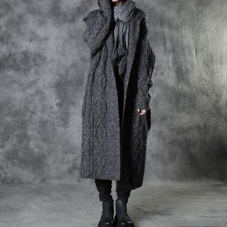 Classy Dark Gray Loose Hooded Fall Knitwear Coat - Omychic