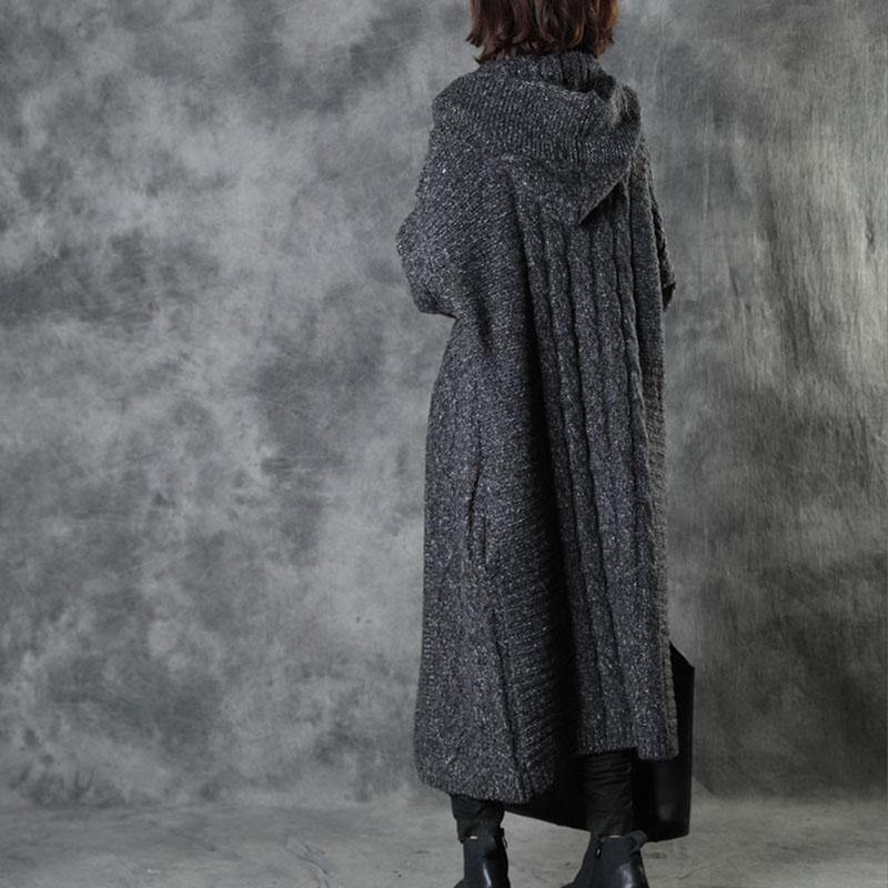 Classy Dark Gray Loose Hooded Fall Knitwear Coat - Omychic