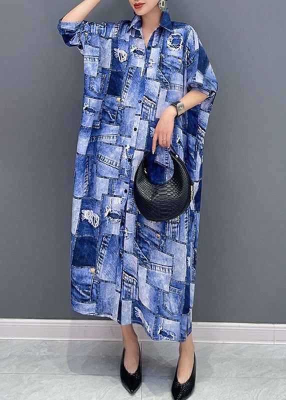 Classy Denim Blue Peter Pan Collar Print Button Maxi Shirts Dress Long Sleeve